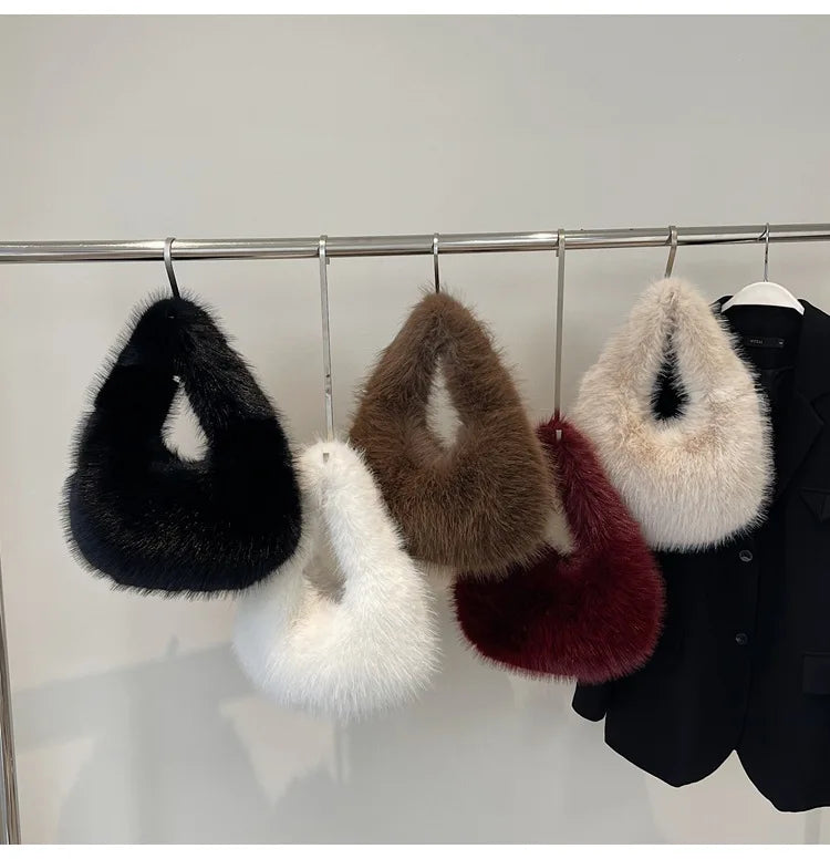 Winter Casual Furry Shoulder Bags for Women Solid Color Soft Plush Ladies Clutch Purse Handbags Lightweight Female Hobos Bag
