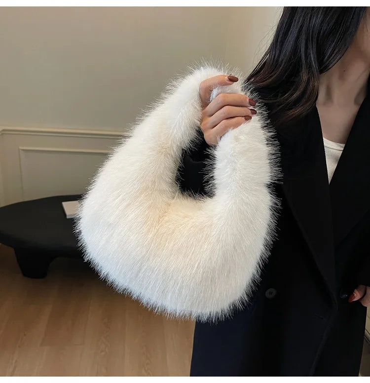 Winter Casual Furry Shoulder Bags for Women Solid Color Soft Plush Ladies Clutch Purse Handbags Lightweight Female Hobos Bag