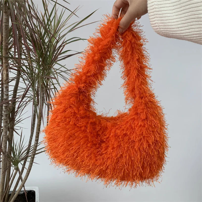 Solid Color Faux Fur Women's Furry Shoulder Bag Sweet Winter Plush Ladies Tote Handbags Simple Female Underarm Bags Purse Clutch