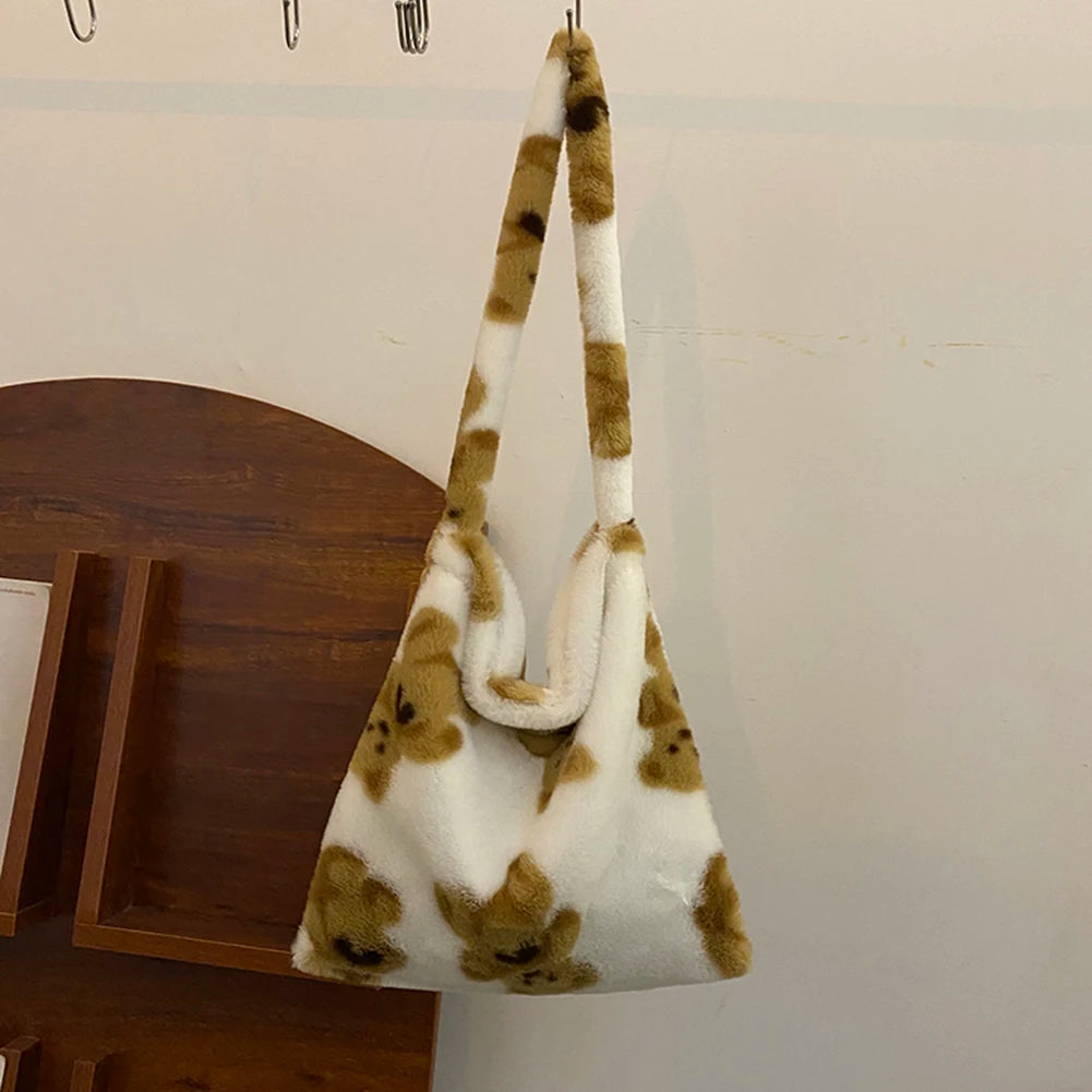 Women Cute Plush Tote Handbags Autumn Winter Fluffy Flower Shoulder Bags Large Capacity Messenger Bag Fashion Crossbody Bags