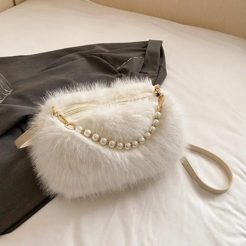 Candy Color Pearl Handle Women's Plush Crossbody Bag Portable Female Furry Handbags Winter Fashion Casual Ladies Shoulder Bags