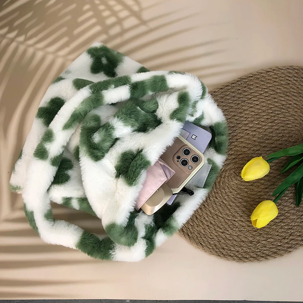 Women Cute Plush Tote Handbags Autumn Winter Fluffy Flower Shoulder Bags Large Capacity Messenger Bag Fashion Crossbody Bags