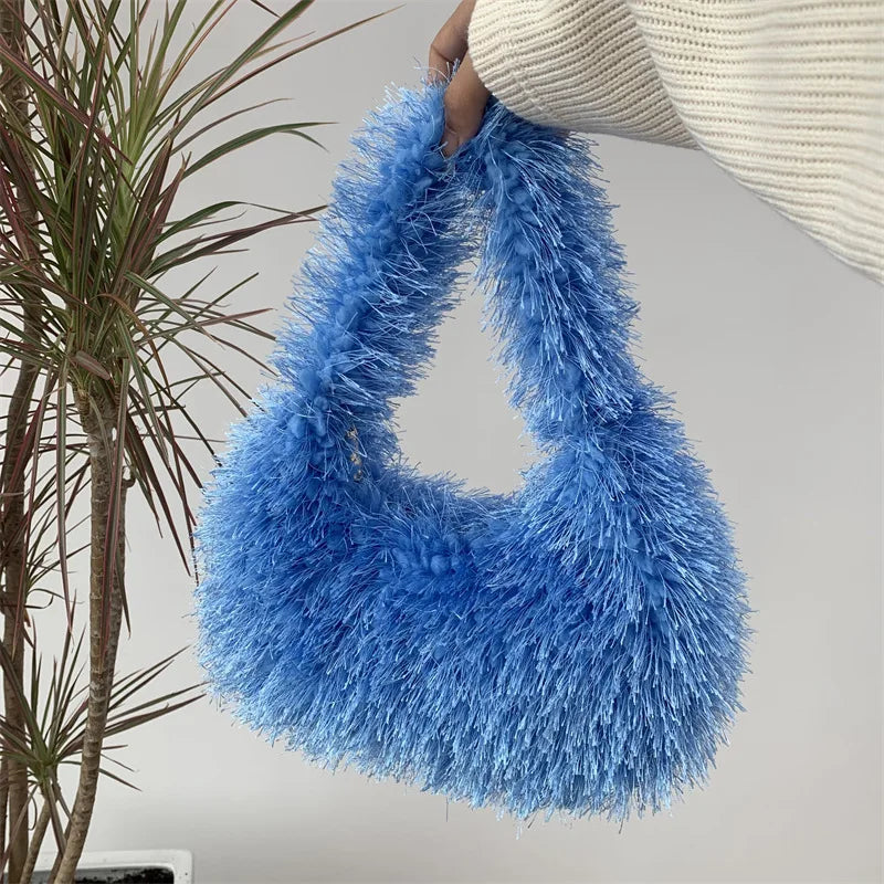 Solid Color Faux Fur Women's Furry Shoulder Bag Sweet Winter Plush Ladies Tote Handbags Simple Female Underarm Bags Purse Clutch
