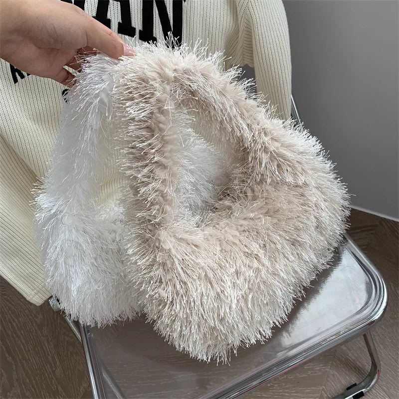 Solid Color Faux Fur Women's Furry Shoulder Bag Sweet Winter Plush Ladies Tote Handbags Simple Female Underarm Bags Purse Clutch
