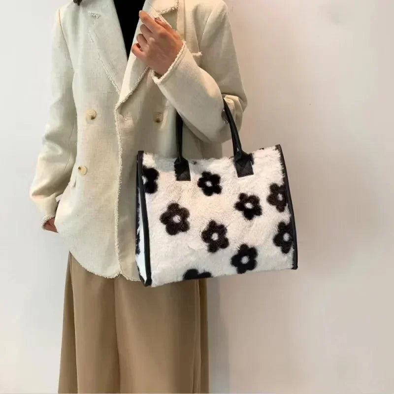 New Women Soft Plush Hand Bag New Winter Leopard Cow Print Tote Bags Female Pu Leather Underarm Bags Furry Fluffy Shoulder Bag