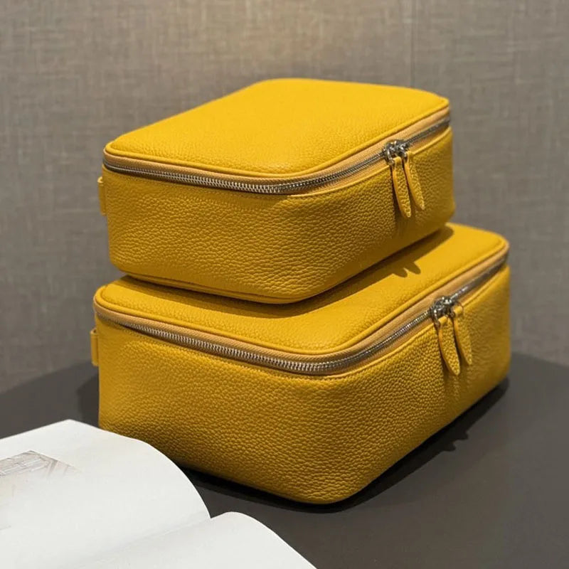 Leather large-capacity fashionable box-shaped makeup bag, portable multi-functional wash bag, simple travel cosmetic storage