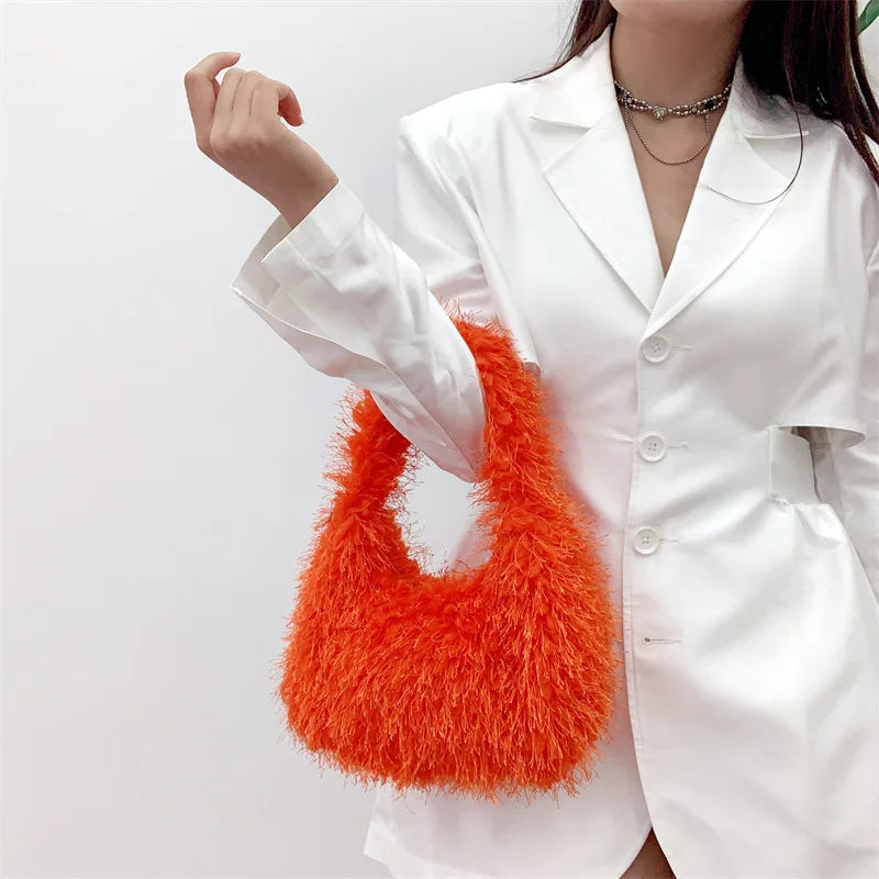 Solid Color Faux Fur Women's Furry Shoulder Bag Sweet Winter Plush Ladies Tote Handbags Simple Female Underarm Bags Purse Clutch