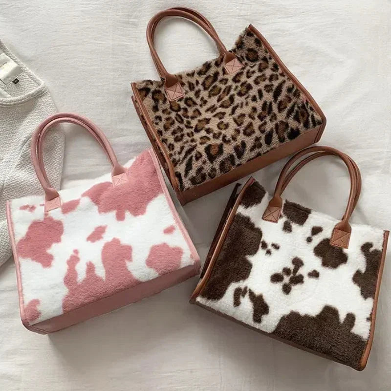 New Women Soft Plush Hand Bag New Winter Leopard Cow Print Tote Bags Female Pu Leather Underarm Bags Furry Fluffy Shoulder Bag