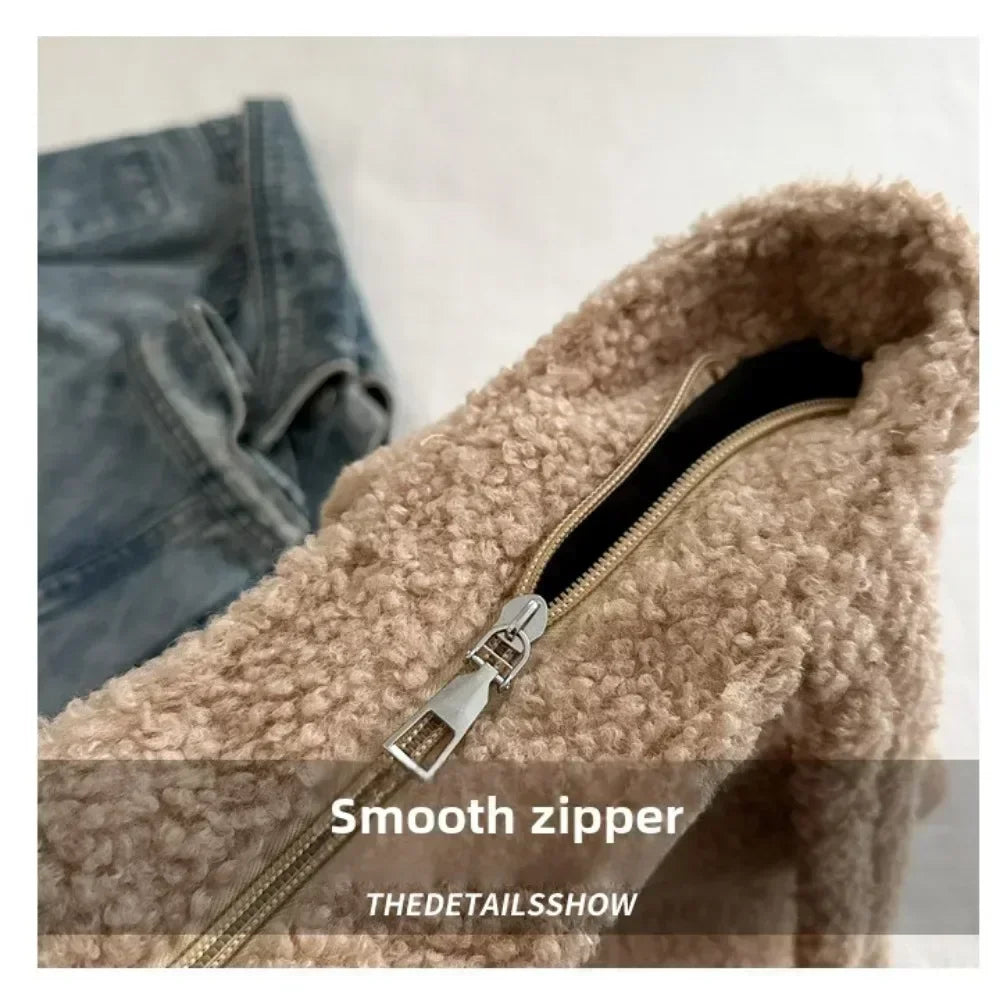 Fashion Large Capacity Lamb Plush Winter New Women Lady Bag Solid Texture Simple Elegant Warm Comfortable Handbag Shoulder